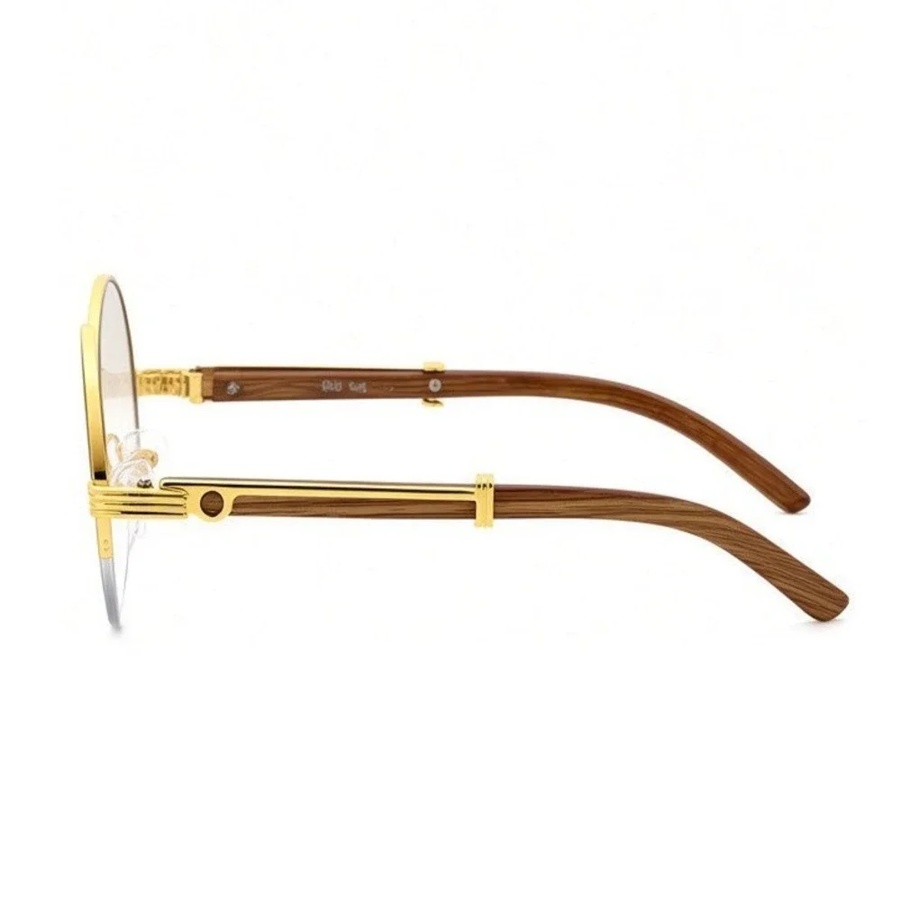 Women Round Eyeglasses Gold Frame Wood Arms Fashion Clear Glasses Sophisticated